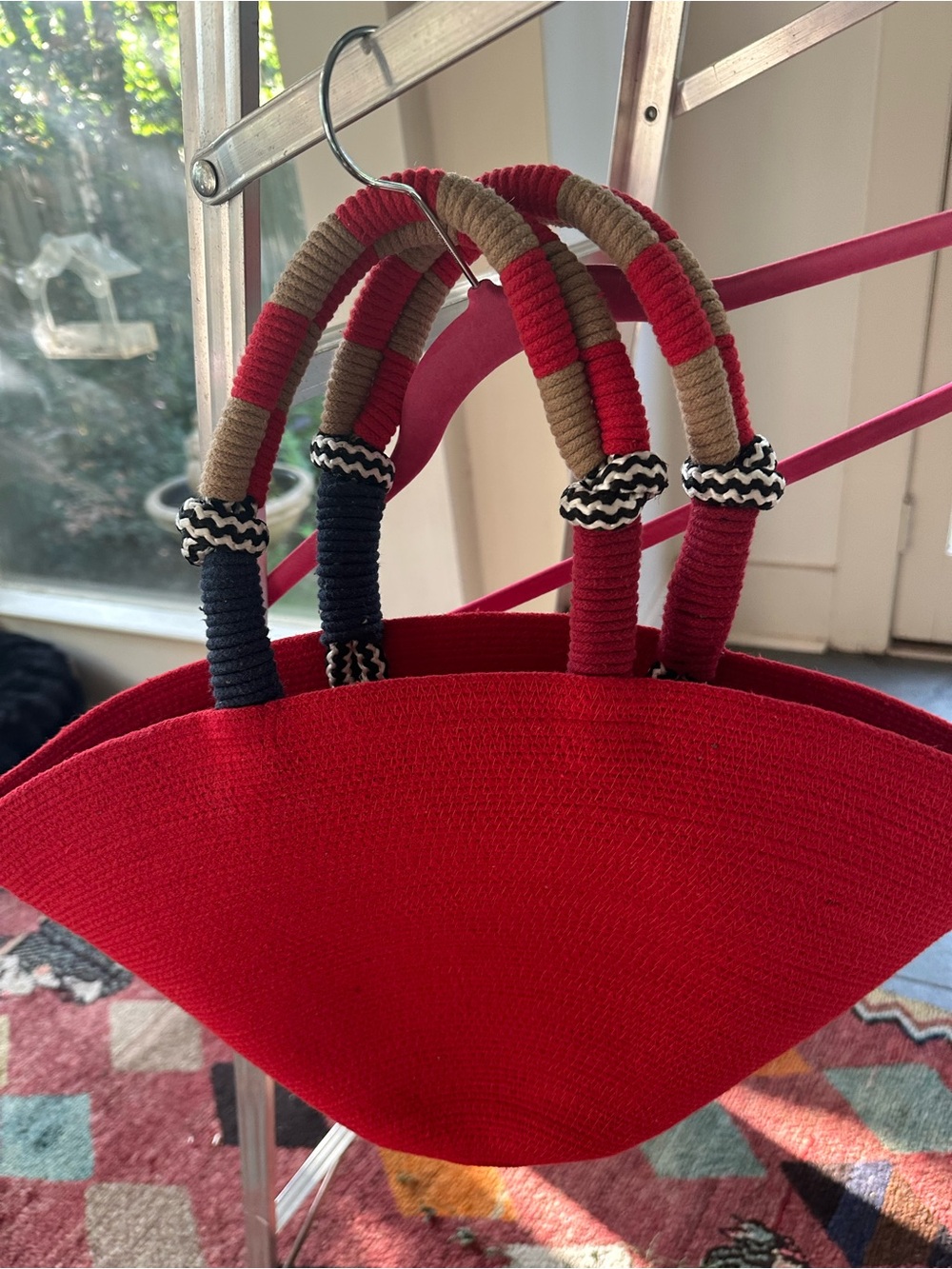 Red Woven Tote with Wrapped Multicolor Handles